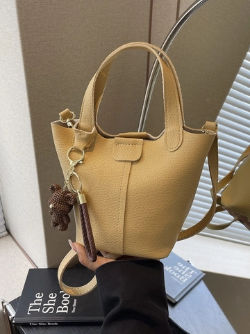Damen Lychee Muster PU Leder Eimertasche Minimalistische Crossbody Handtasche Mit Strick Bärenanhänger Vielseitige Tote Bag