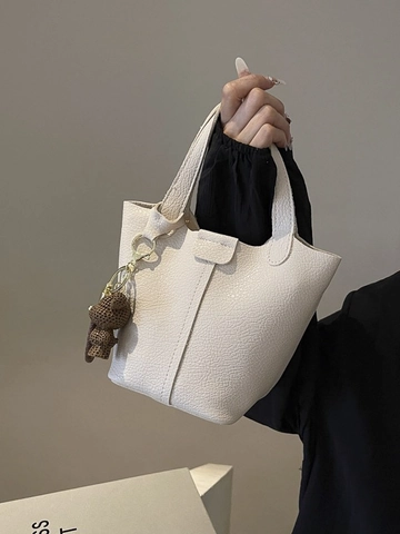 Damen Lychee Muster PU Leder Eimertasche Minimalistische Crossbody Handtasche Mit Strick Bärenanhänger Vielseitige Tote Bag