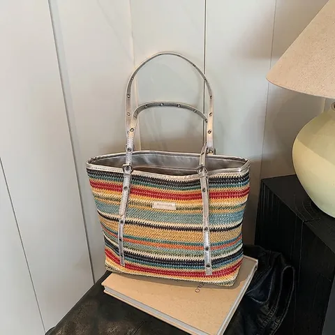 Damen Regenbogen Gestreift Gewebt Tote Bag Bohemian Stroh Umhängetasche Mit Silber Verstellbar Ösen Riemen Große Kapazität Strand Urlaub Tasche