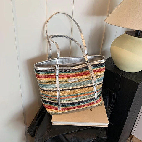 Damen Regenbogen Gestreift Gewebt Tote Bag Bohemian Stroh Umhängetasche Mit Silber Verstellbar Ösen Riemen Große Kapazität Strand Urlaub Tasche