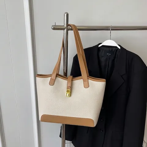 Bolso Tote de Cuero PU con Patrón de Lichi de Gran Capacidad para Mujer Color en Contraste Bolso de Hombro de Trabajo Con Cierre de Metal