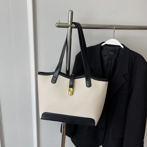 Bolso Tote de Cuero PU con Patrón de Lichi de Gran Capacidad para Mujer Color en Contraste Bolso de Hombro de Trabajo Con Cierre de Metal