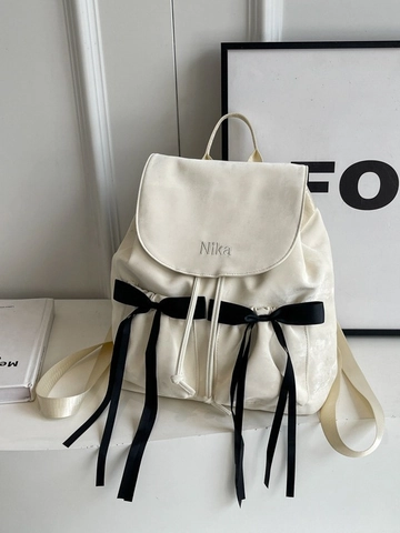 Large Capacity PU Leather Backpack For Women With Bow Drawstring Flap School Bag Korean Style Fashion Travel Daypack