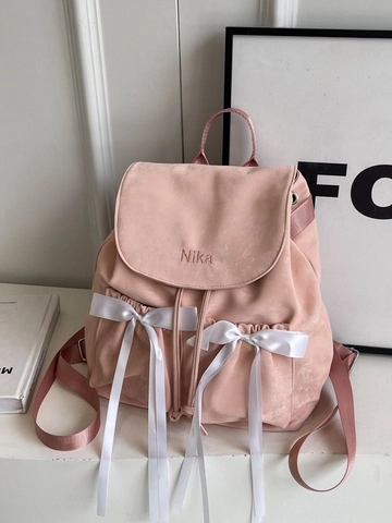 Large Capacity PU Leather Backpack For Women With Bow Drawstring Flap School Bag Korean Style Fashion Travel Daypack