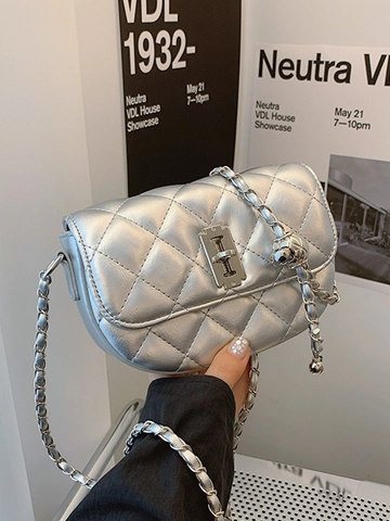 Damen Mode Quiltierte PU Leder Umhängetasche Silber Schwarz Cremeweiß Kette Schultertasche Mit Verstellbarer Metallkugel
