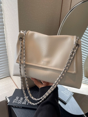 Sac à Épaule Sous le Bras en Cuir PU Haut de Gamme pour Femme Texture Gauffrée Chaîne Argentée Grande Capacité
