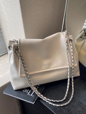 Sac à Épaule Sous le Bras en Cuir PU Haut de Gamme pour Femme Texture Gauffrée Chaîne Argentée Grande Capacité