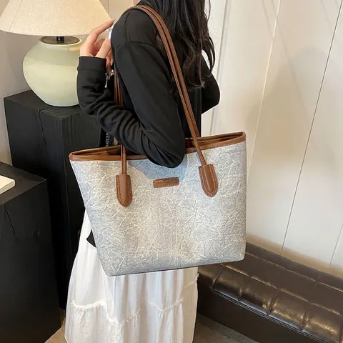 Elegante Borsa Tote da Donna in Pelle PU Grande Capacità Trama di Marmo Borsa a Tracolla Patchwork per Lavoro Pendolarismo Casa