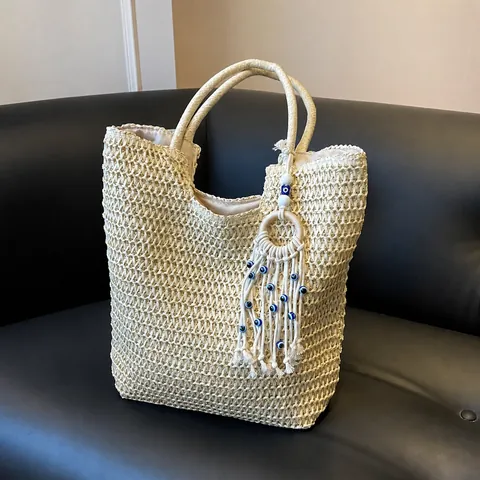 Bolso Tote de Paja Tejida para Mujer Gran Capacidad Bolso de Hombro de Playa Con Colgante de Borla Ojo Turco Moda de Verano Viaje