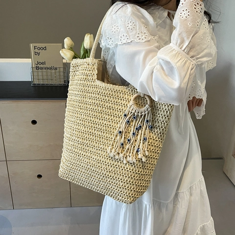 Damen Gewebte Stroh Tragetasche Große Kapazität Strand Schultertasche Mit Quaste Böser Blick Anhänger Sommer Mode Reisetasche