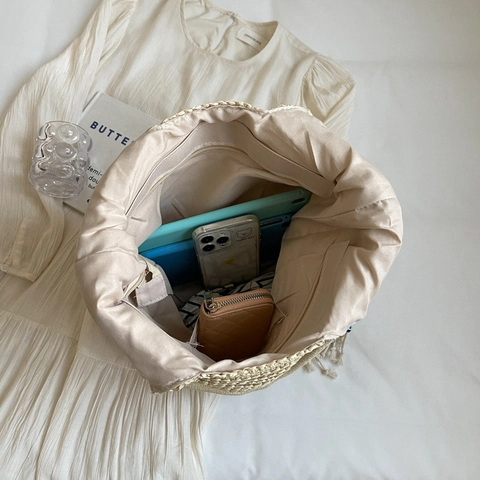 Damen Gewebte Stroh Tragetasche Große Kapazität Strand Schultertasche Mit Quaste Böser Blick Anhänger Sommer Mode Reisetasche