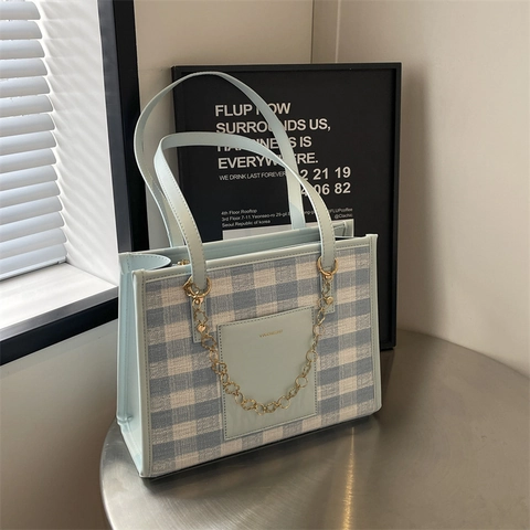 Mode Karo Große Kapazität Tragetasche Für Damen Casual Pendeln Umhängetasche Mit Blumen Metallkette Stoff Handtasche