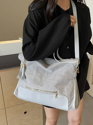 Borsa Tote da Donna Grande Capacità in Tela Pelle Sintetica Patchwork Borsa a Tracolla Con Nappina per Pendolarismo Quotidiano