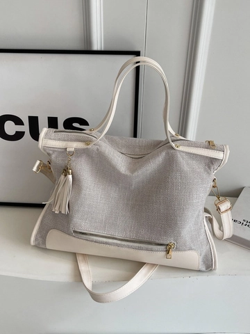 Borsa Tote da Donna Grande Capacità in Tela Pelle Sintetica Patchwork Borsa a Tracolla Con Nappina per Pendolarismo Quotidiano