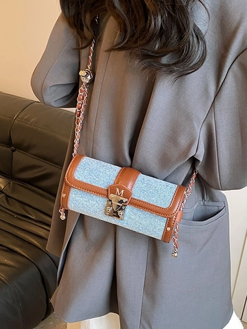 Borsa a Tracolla Cilindrica in Denim con Strass Stile Vintage Cinese per Donna Borsa a Spalla con Catena Argento Marrone Moda Cilindro