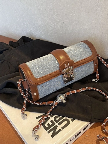 Borsa a Tracolla Cilindrica in Denim con Strass Stile Vintage Cinese per Donna Borsa a Spalla con Catena Argento Marrone Moda Cilindro