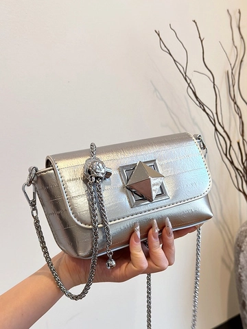 Damen Mode Metallisch Silber Umhängetasche PU Leder Geometrisches Schloss Kette Schultertasche Quadratische Box Kleine Handtasche