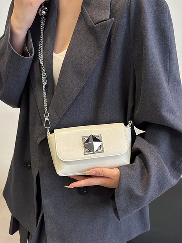 Damen Mode Metallisch Silber Umhängetasche PU Leder Geometrisches Schloss Kette Schultertasche Quadratische Box Kleine Handtasche