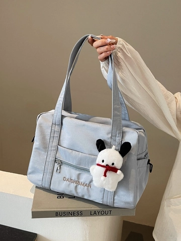 Damen Nylon Tote Bag Mit Großer Kapazität Minimalistische Umhängetasche Mit Plüschwelpenanhänger Modische Reisetasche Für Den Alltag