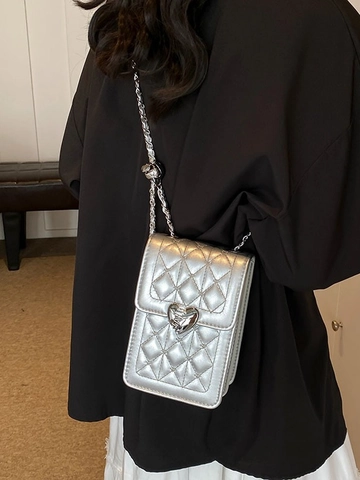 Women Fashion Quilted Mobile Phone Crossbody Bag With Heart Metal Lock Adjustable Chain Strap PU Leather Small Square Bag