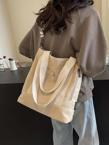 Large Capacity Canvas Tote Bag For Women Multifunctional Shoulder Bag With Side Zip Pocket Adjustable Strap Casual Satchel