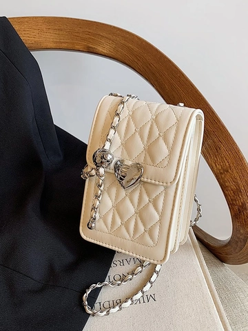Women Fashion Quilted Mobile Phone Crossbody Bag With Heart Metal Lock Adjustable Chain Strap PU Leather Small Square Bag