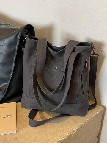 Large Capacity Canvas Tote Bag For Women Multifunctional Shoulder Bag With Side Zip Pocket Adjustable Strap Casual Satchel