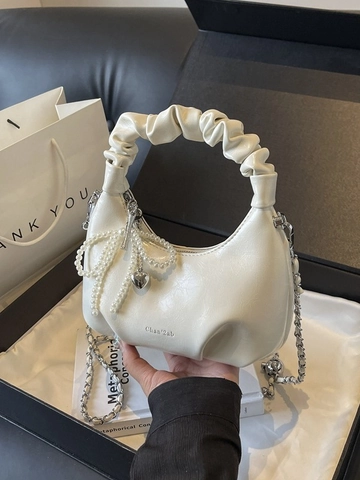 Women Pleated PU Leather Dumpling Crossbody Bag Metallic Finish Handbag With Artificial Pearl Bow Heart Pendant Metal Chain Strap Commuter Purse