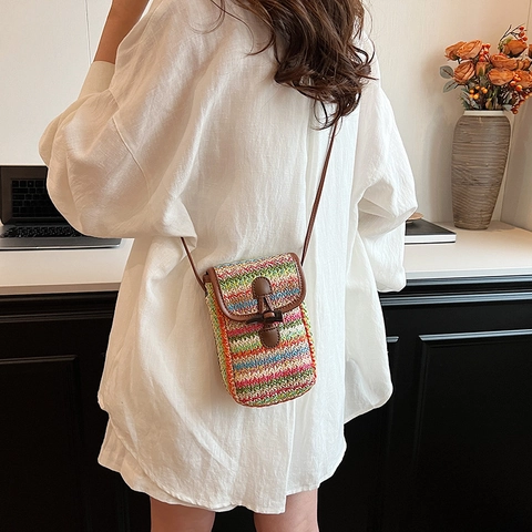Sommer Regenbogen Gestreifte Gewebte Stroh Handytasche Damen Umhängetasche Mit Knebelverschluss Casual Urlaub Strandtasche