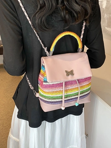 Mini Sac à Dos Tendance Femme Boucle Métal Papillon Color-block Patchwork Denim Tissé Sangle Chaîne Casual Voyage Petit Sac d'École