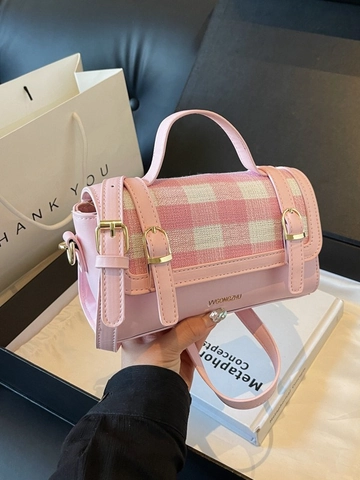 Borsa Quadrata Piccola Patchwork Plaid alla Moda Donna Elegante a Contrasto con Manico Superiore Tracolla Regolabile in Pelle PU