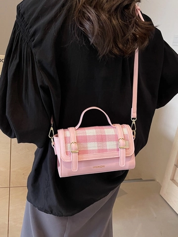 Borsa Quadrata Piccola Patchwork Plaid alla Moda Donna Elegante a Contrasto con Manico Superiore Tracolla Regolabile in Pelle PU