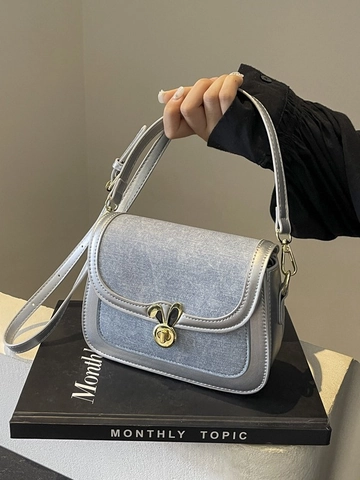 Women Denim PU Leather Saddle Bag Patchwork Contrast Color Crossbody Bag With Rabbit Shape Metal Lock Small Shoulder Bag
