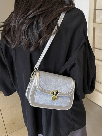 Women Denim PU Leather Saddle Bag Patchwork Contrast Color Crossbody Bag With Rabbit Shape Metal Lock Small Shoulder Bag