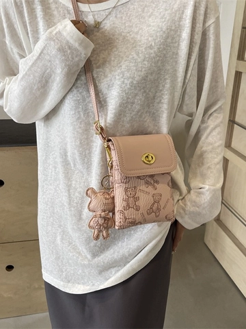 Dames Mode PU Leer Telefoontasje Contrastkleur Cartoon Beer Print Crossbody Tas Met Metalen Daisysluiting Kleine Vierkante Schoudertas