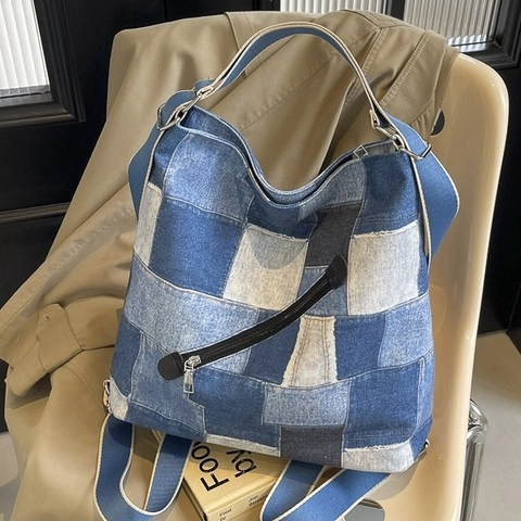 Niche Design Denim Patchwork Σακίδιο Πλάτης Για Γυναίκες Μεγάλης Χωρητικότητας Τσάντα Tote Ώμου Crossbody Πολλαπλών Χρήσεων Casual Ρετρό Στυλ