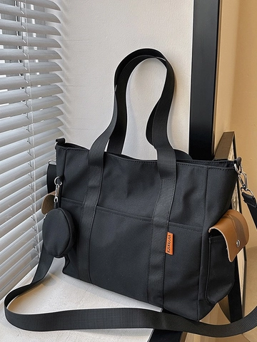 Women Large Capacity Nylon Tote Bag Minimalist Casual Crossbody Shoulder Bag With Detachable Round Coin Purse Wide Strap Commuting Bag