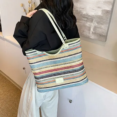 Damen Casual Gestreifte Geflochtene Tote Bag Große Kapazität Schultertasche Mit PU Lederbesatz Sommer Strandurlaub Handtasche
