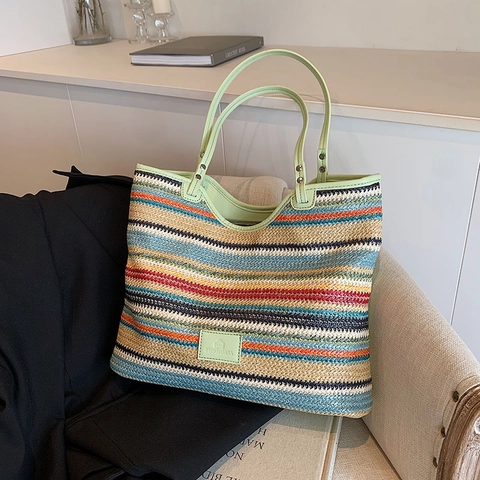 Damen Casual Gestreifte Geflochtene Tote Bag Große Kapazität Schultertasche Mit PU Lederbesatz Sommer Strandurlaub Handtasche