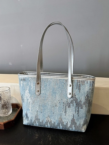 Borsa Tote da Donna con Paillettes Grande Capacità in Pelle PU Borsa a Spalla Motivo a Onde Geometriche Moda Urbana