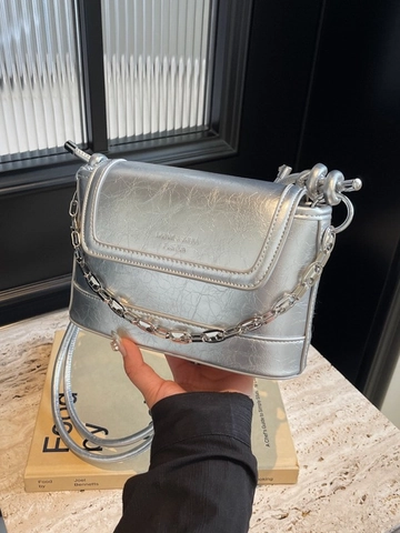 Women Fashion PU Leather Bucket Bag With Silver Metal Chain Knotted Shoulder Strap Solid Color Small Crossbody Shoulder Bag