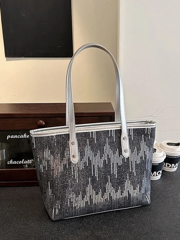Borsa Tote da Donna con Paillettes Grande Capacità in Pelle PU Borsa a Spalla Motivo a Onde Geometriche Moda Urbana