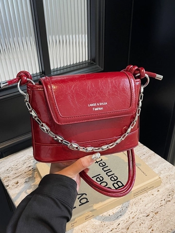 Women Fashion PU Leather Bucket Bag With Silver Metal Chain Knotted Shoulder Strap Solid Color Small Crossbody Shoulder Bag