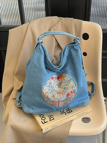 Mochila de Mezclilla para Mujer Bolso de Mano Con Bordado de Dragón Chino Gran Capacidad Retro Casual Bolso de Hombro