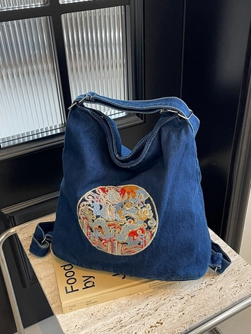 Mochila de Mezclilla para Mujer Bolso de Mano Con Bordado de Dragón Chino Gran Capacidad Retro Casual Bolso de Hombro