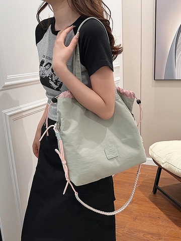 Bolso De Mano De Lona Para Mujer Gran Capacidad Casual Bloque De Color Con Cordón Bolso Al Hombro Correa Trenzada Conmutar
