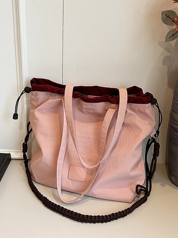 Bolso De Mano De Lona Para Mujer Gran Capacidad Casual Bloque De Color Con Cordón Bolso Al Hombro Correa Trenzada Conmutar