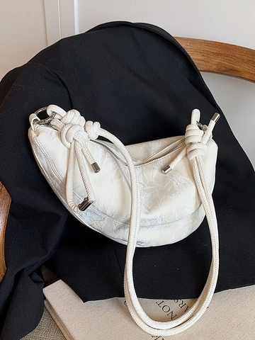 Women PU Leather Crescent Crossbody Bag Crinkled Texture Trendy Knotted Shoulder Strap Dumpling Underarm Bag For Daily Commuting