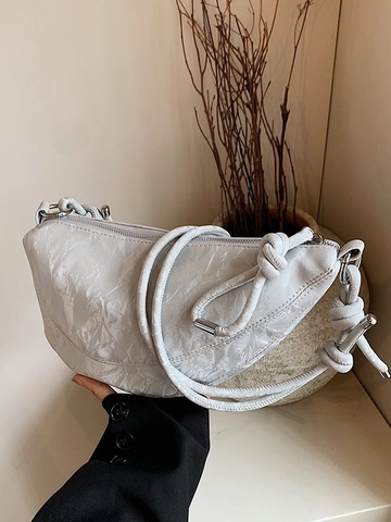 Women PU Leather Crescent Crossbody Bag Crinkled Texture Trendy Knotted Shoulder Strap Dumpling Underarm Bag For Daily Commuting
