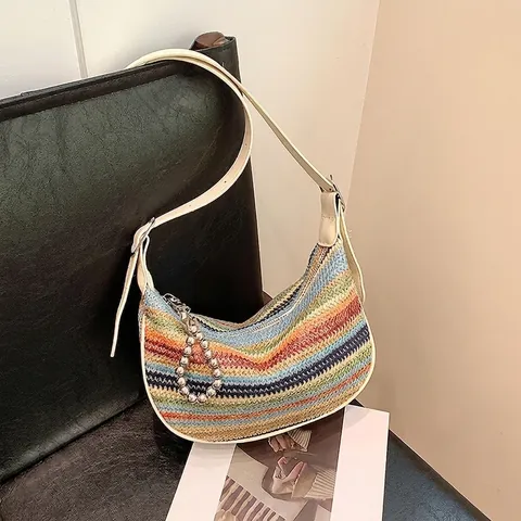 Women Multi-Color Striped Straw Woven Shoulder Bag Beach Hobo Crossbody Bag With Bead Charm Bohemian Style Bag